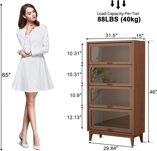 Solid Wood Bookcase 4-Tire with Tempered Glass Flip-Up Doors,60Hx13.7Dx32W Bookshelves Finish Cube Storage Organizer,Bookshelf Versatile Pantry Cabinet for Living Room Home Office