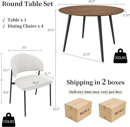 43.3 Inch round Dining Table Set for 4, Modern Small Kitchen Coffee Set for Dining Room Kitchen Apartment (Walnut Table + 4 White Shell Chairs)