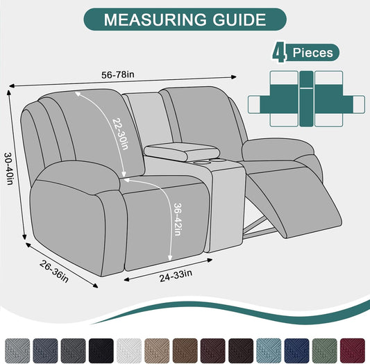 Stretch Loveseat Recliner Covers with Console 4-Pieces Recliner Sofa Covers with Pockets Jacquard Reclining Couch Covers Furniture Protector with Elastic Straps Bottom (2 Seater, Chocolate)