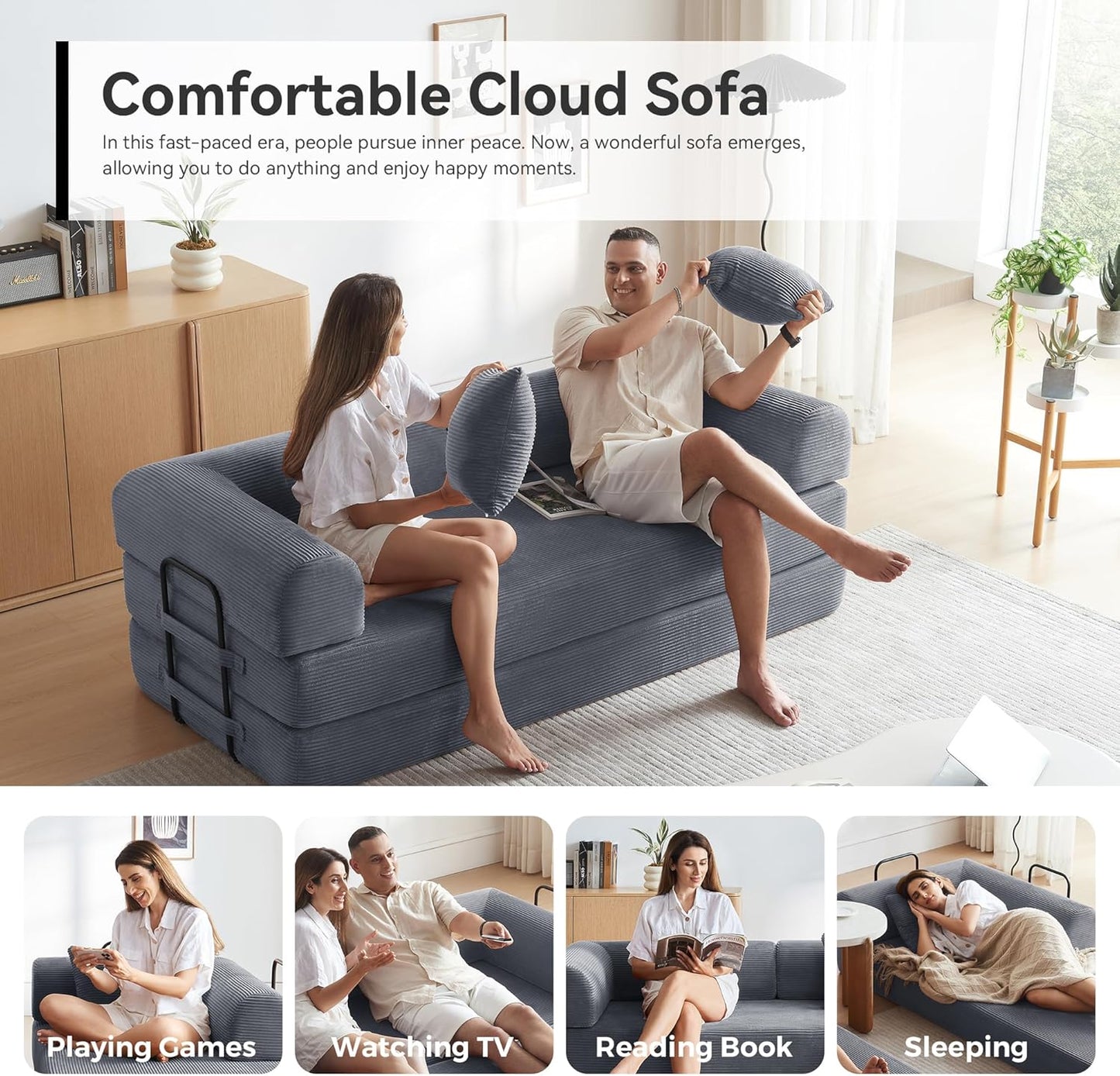 Sofa Bed, Corduroy Sleeper Sofa Bed with Fixed Frame, Floor Sofa Lounge with Pillow, Convertible Folding Mattress Couch for Living Room, Bedroom, Lounge, Studio (Dark Grey)