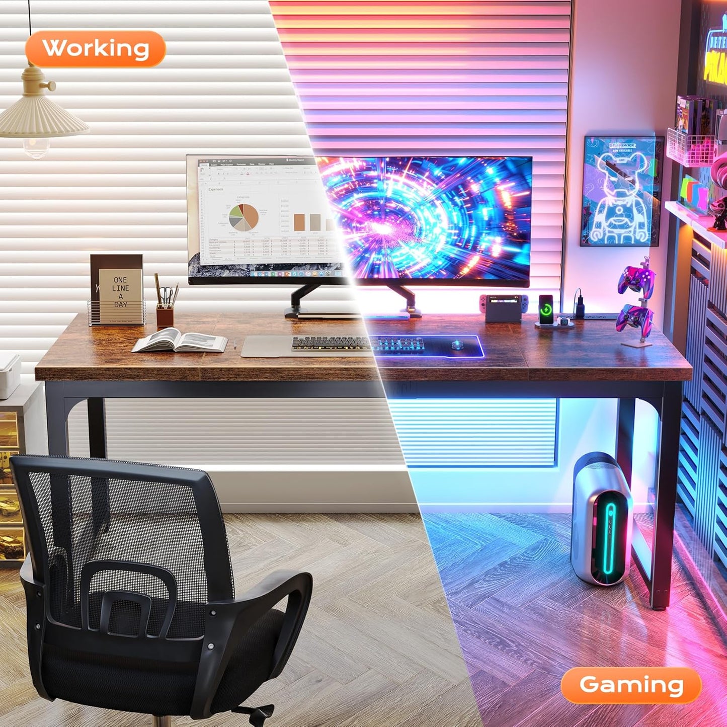 63 X 24 Inch Desk with Power Outlets & USB-C, Deeper & Thicker Desktop, Robust Metal Tubes, Computer Desk, Heavy Duty Office Desk, Work Gaming Desk, for Home Office, Rustic Brown