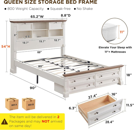 Farmhouse Queen Size Bed Frame with 54" Tall Storage Bookcase Headboard, Wood Platform Bed Frame with 2 Drawers & 18" Tall Roman Column Decoration Footboard, No Box Spring Needed(Antique White)