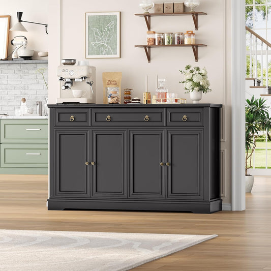 Buffet Cabinet with Storage, 52.7" Large Sideboard Buffet Table, Black Kitchen Cabinet with 3 Drawers and 4 Doors, Wood Coffee Bar for Kitchen Dining Room, Black