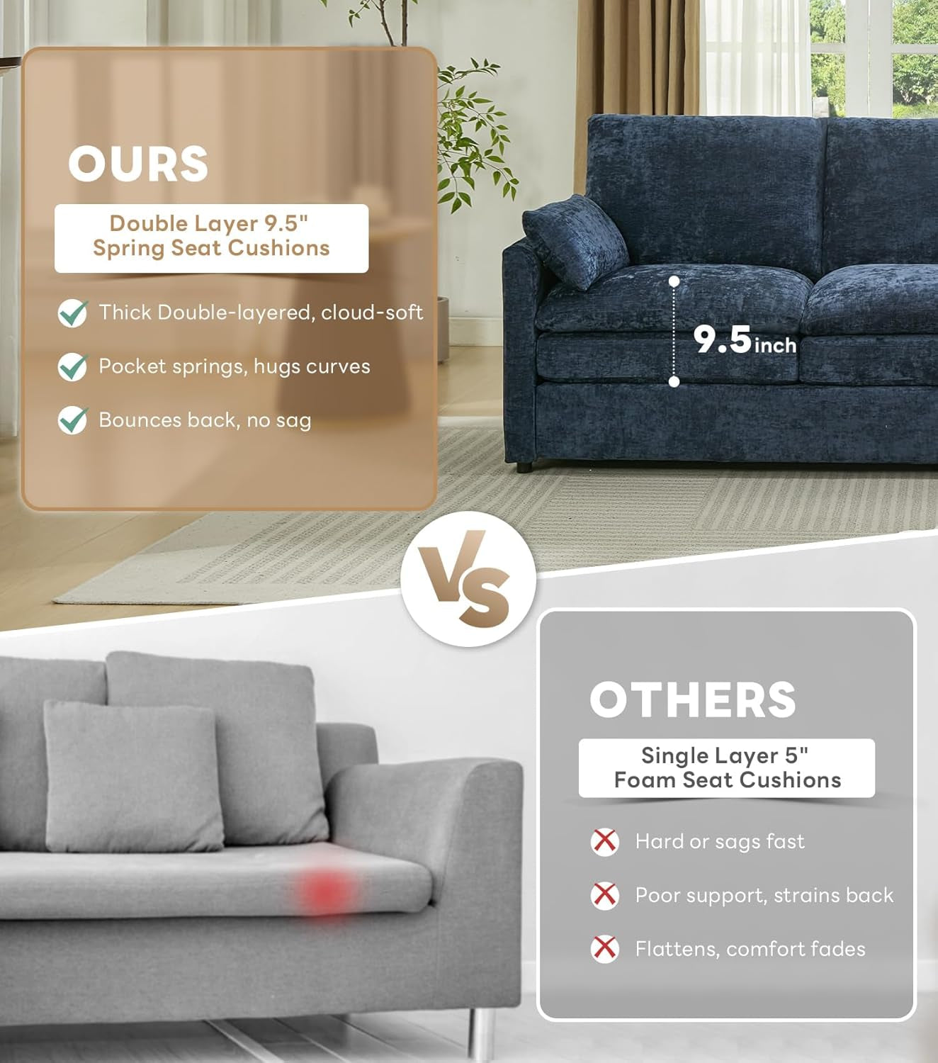 89" Cloud Modern Sofa, Comfy 3-Seater Couch W/Pillows, Pocketed Spring Seats, Plush Foam Cushions, Chenille Fabric Removable Cover, Soft Upholstered Living Room Furniture Home Apartment, Blue | Ultra Soft Cushions, Dual-Layered Cushion, Pocket Spring, Cloud Comfort, Premium Chenille