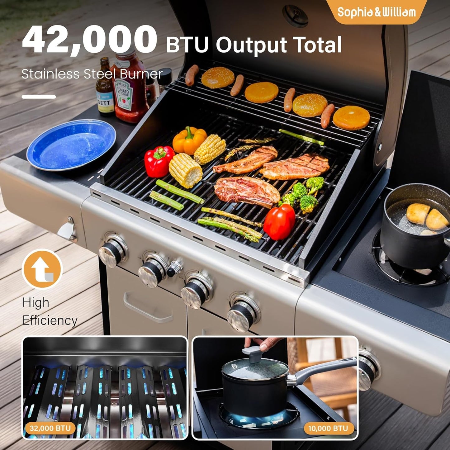 4-Burner Propane Gas BBQ Grill with Side Burner and Porcelain-Enameled Cast Iron Grates, Stainless Steel Barbecue Grills Outdoor Cooking, Silver Cabinet Style, 42,000BTU