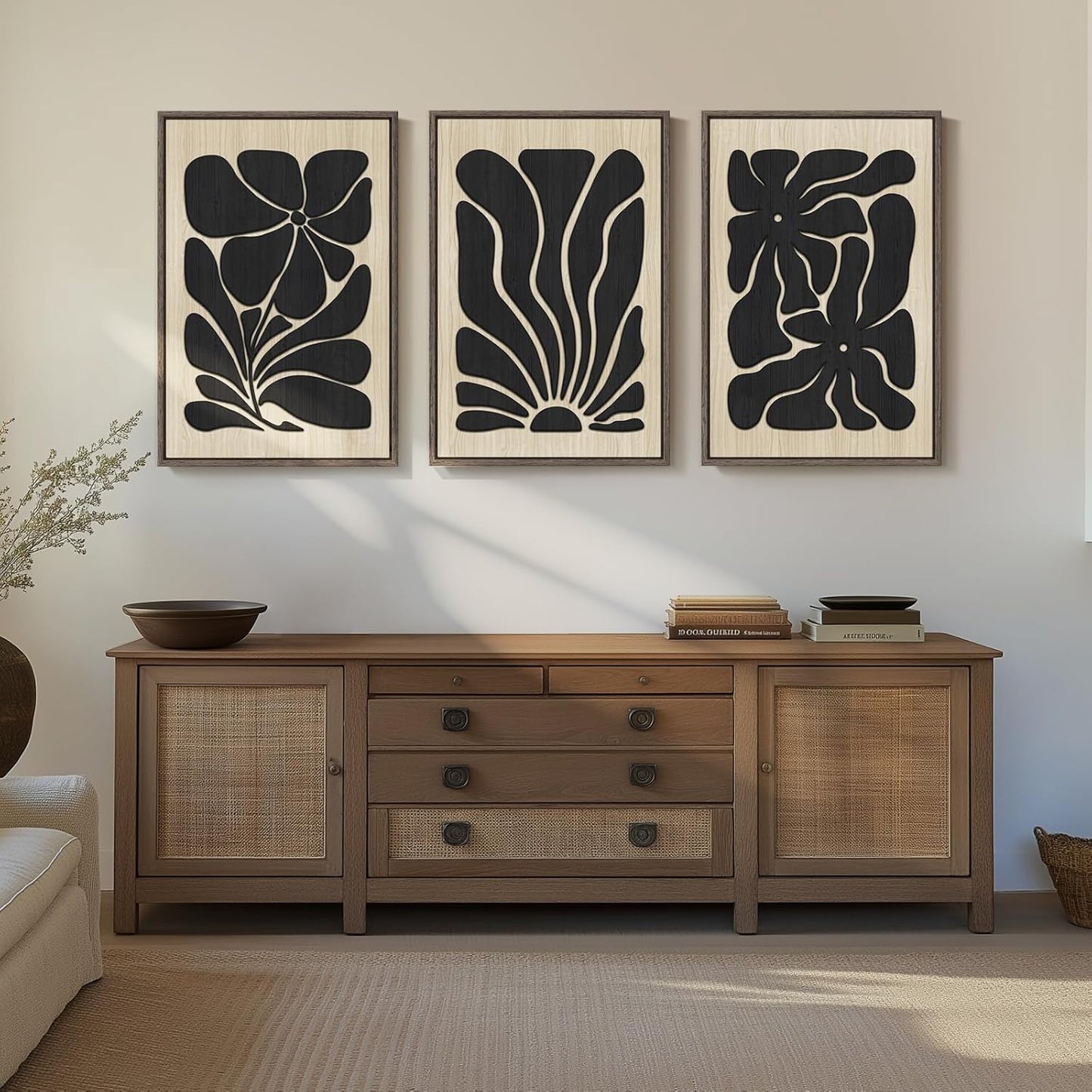 Framed Textured Wood 3D Wall Art for Living Room, Large Boho Floral Black and Beige Artwork for Walls, 3 Piece Abstract Bohemian Flower Wood 3D Art for Office Bedroom Hallway Wall Decor, 24X36 Inch