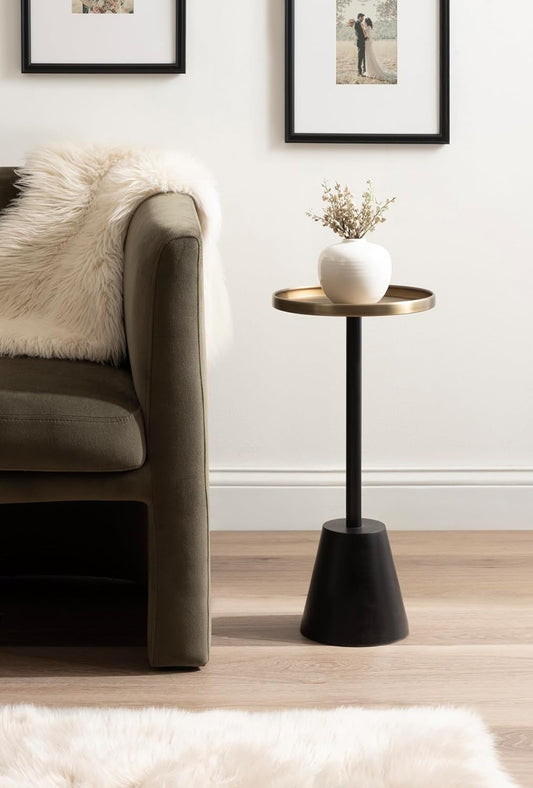 Tira Elegant round Drink Table, 10 X 22, Antique Brass and Black, Vintage Glam Circle Martini Table for Use as a Small Bedroom Nightstand or Living Room Plant Stand Option