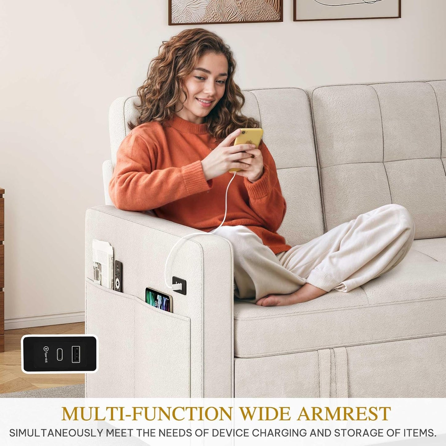 55" Convertible Sofa, 3-In-1 Sleeper Sofa with Pull-Out, Velvet Futon Couch with Adjustable Backrest and USB, Modern Loveseat for Living Room Apartment, Light Beige