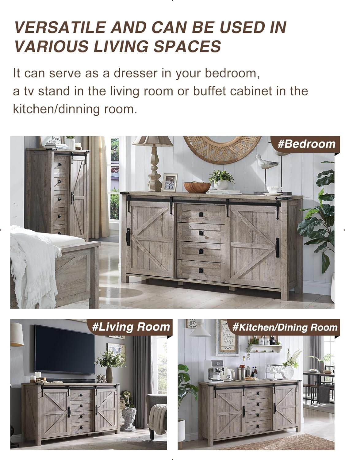 Farmhouse Sideboard Buffet Cabinet with Storage, 60" Large Kitchen Cabinet W/Sliding Barn Doors and 4 Drawers, 31.2'' Tall Rustic Wood Coffee Bar Table for Dining Room, Light Rustic Oak