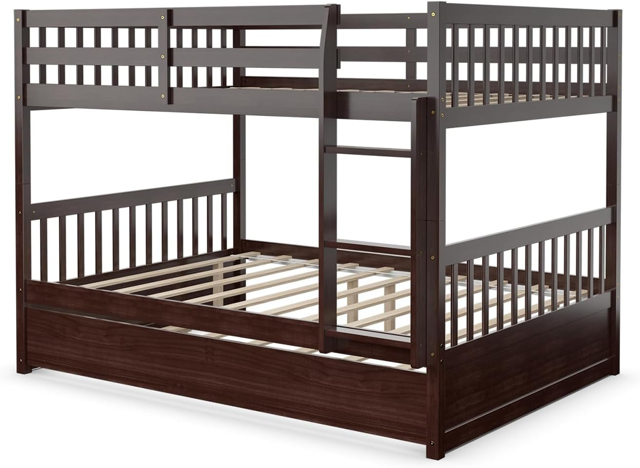 Full over Full Bunk Bed with Trundle, Solid Wood Trundle Bed Frame W/Guardrails and Ladder, Convertible to 2 Beds, Full Size Bunk Beds for Adults Kids Teens, No Box Spring Needed,Espresso