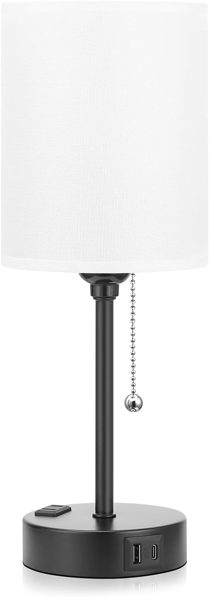 Small Bedside Table Lamp for Bedroom - 3 Color Temperatures Bedside Lamps with USB C and a Ports, Pull Chain Table Lamps with AC Outlet, White Nightstand Lamps with Black Metal Base for Kids Reading
