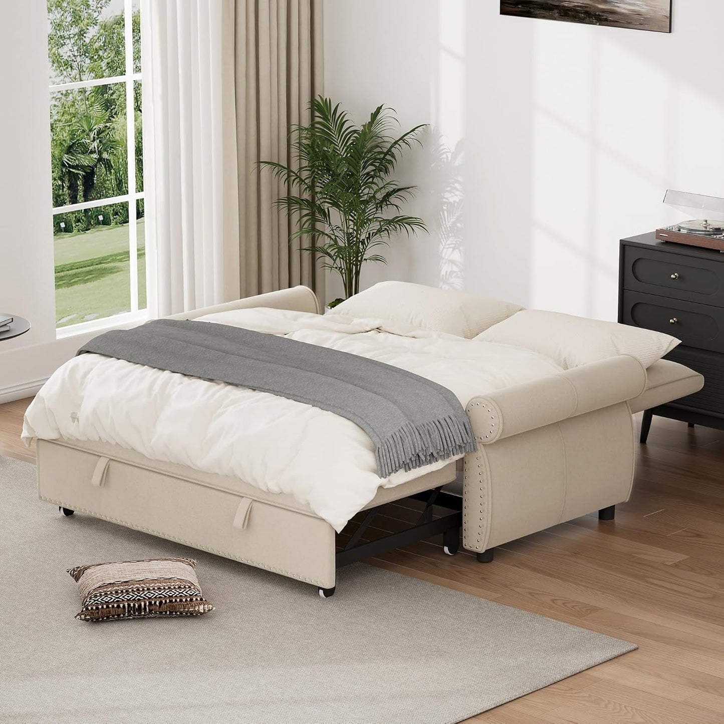 3 in 1 Sofa Bed, 61 Inch Convertible Pull Out Couch with Four Pillows, Loveseat Sleeper Sofa with Adjustable Backrest, Sofa Couches for Living Room, Bedroom, Apartment, Chenille Fabric, Beige