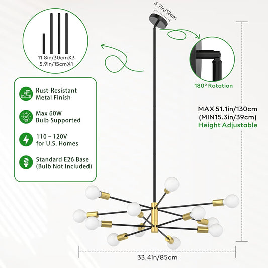 Sputnik Chandelier 12-Light, Mid Century Modern Height Adjustable Ceiling Light Fixture for Dining Room, Kitchen Island, Living Room,Bedroom-Black and Gold