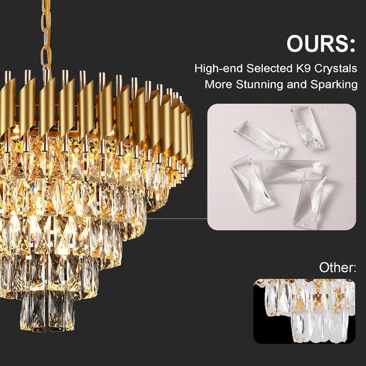 AXILIXI Modern Crystal Chandelier Gold, 24" round Chandeliers for Dining Room K9 5 Tiers Ceiling Pendant Light Fixtures Golden Large Raindrop Flush Mount Chandelier for Foyer Living Room Staircase