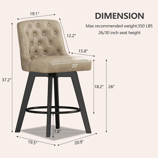 Bar Stools Set of 2, PU Leather Barstools, 26 Inch Upholstered Counter Stools with Low Tufted Back and Footrest, Swivel Counter Height Barstools for Kitchen Island Home Bar Khaki
