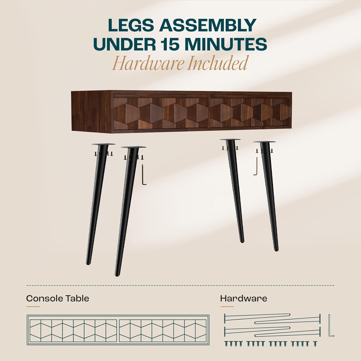 Console Modern Mid-Century 2 Drawers, Unique Geometric Design Sofa Table for Entryway, Hallway, Living Room, Walnut