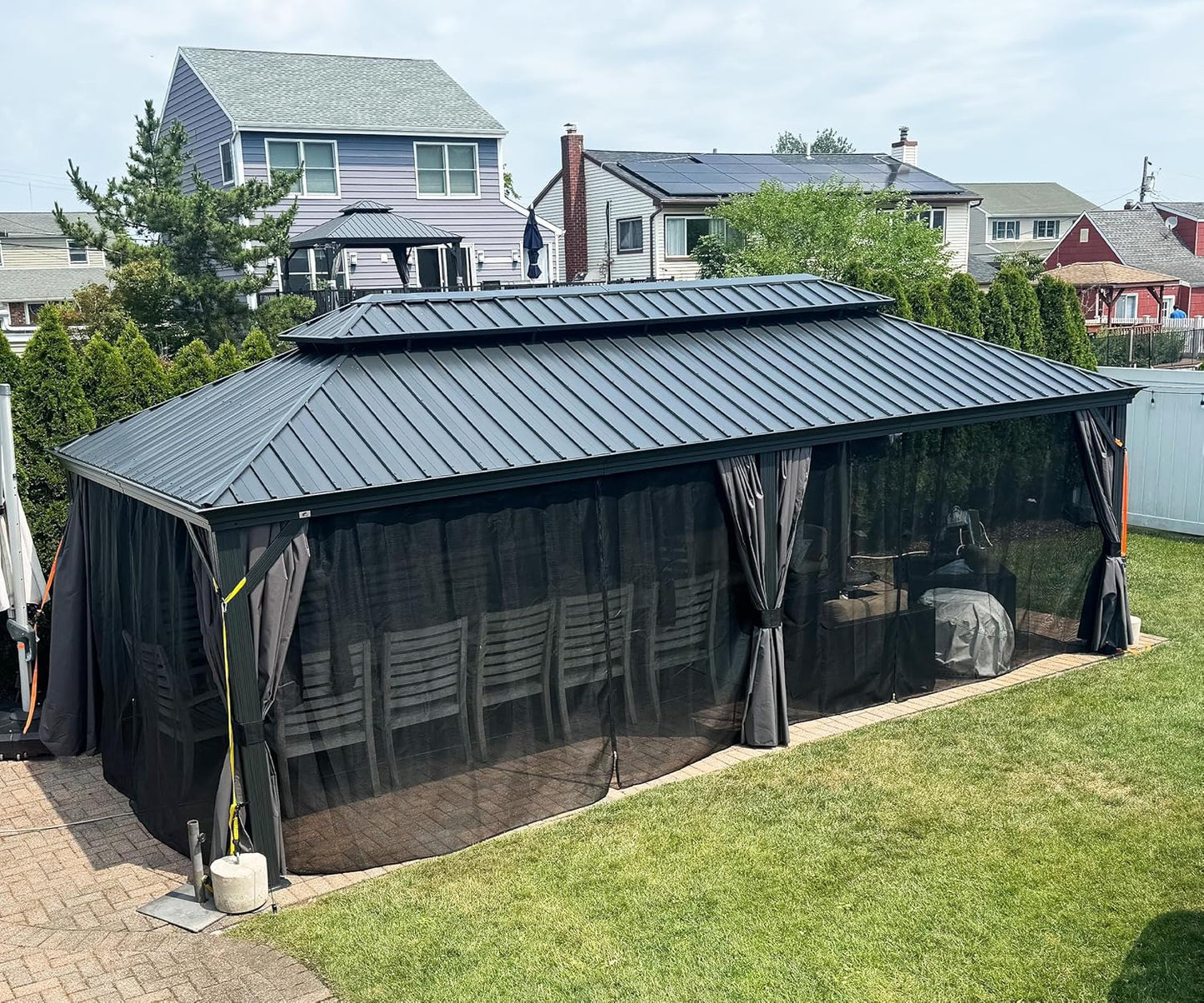 14' X 28' Outdoor Large Gazebo Permanent Hardtop Gazebo with Galvanized Steel Double Roof for Patio Lawn and Garden, Curtains and Netting Included Grey