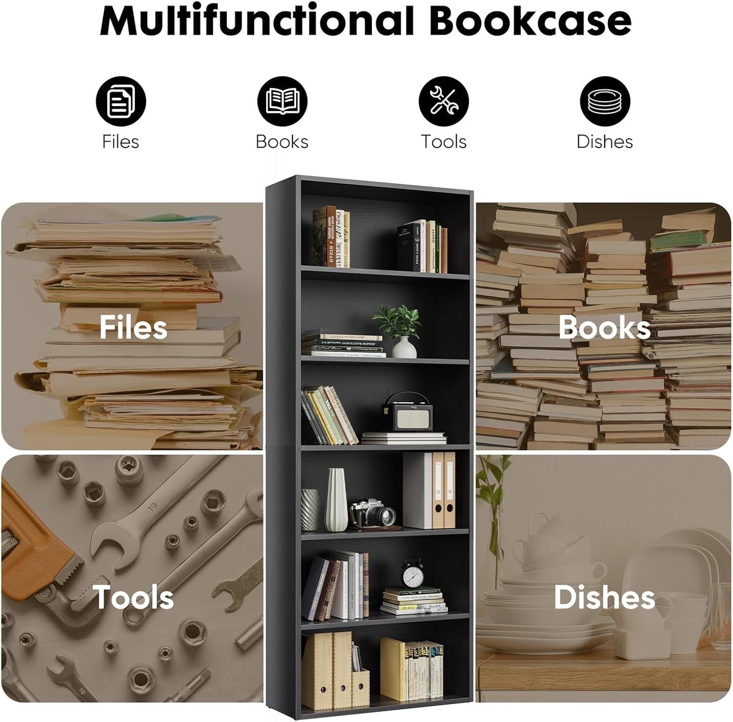 Industrial 6 Shelf Bookcase - Large 63 Inch Tall Floor Standing Open Bookshelf with Anti-Tipping Device for Home Office, Living Room, and Bedroom Storage, Black