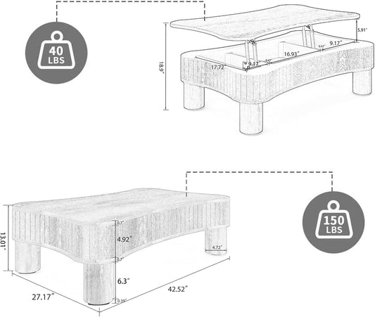 42.52'' Cloud Coffee Table with Lifting Top for Living Room Irregular Coffee Table with Lift Top Modern Smart Coffee Tables with Storage Unique Center Tables Low Pull up Tea Tables Black