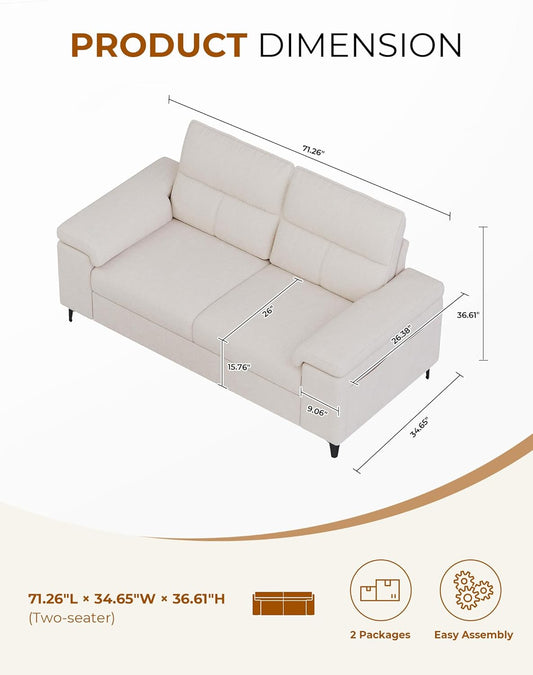 71.25" Modern Sofa Couch for Living Room, Deep Seat Sofas with 8”Cushion, Comfy 2-Seater Chenille Loveseat with Convertible Armrest, Removable Sofa Cover, High Leg (Beige)