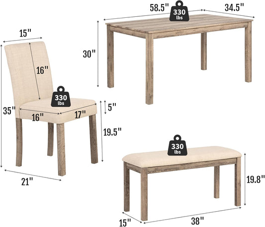 6-Piece Solid Wood Dining Table Set, Including 1 Dining Table, 4 Upholstered Chairs and 1 Bench, Wooden Legs Dining Table Set for Dining Room, Kitchen, Restaurant, Brown