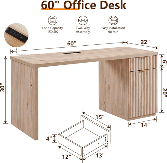 60" Modern Executive Desk with Storage, Wood Home Office Desk with Drawer & Cabinet, Fluted Computer Writing Desk for Study, Living Room, Bedroom, Oak