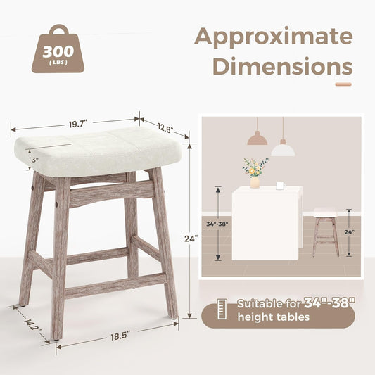 Counter Height Bar Stools Set of 2 for Kitchen Counter Solid Wood Legs with Fabric Saddle Seat Farmhouse Barstools for 34"-38" Counter Island Upholstered Stools, 24In, Creamy White