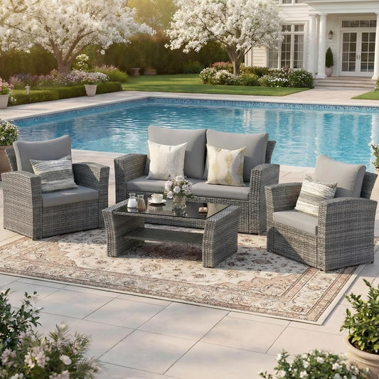 4 Piece Patio Furniture Set, Wicker Outdoor Patio Conversation Furniture Set, All Weather Outdoor Patio Sofa with Cushion and Glass Table, Ash Gray