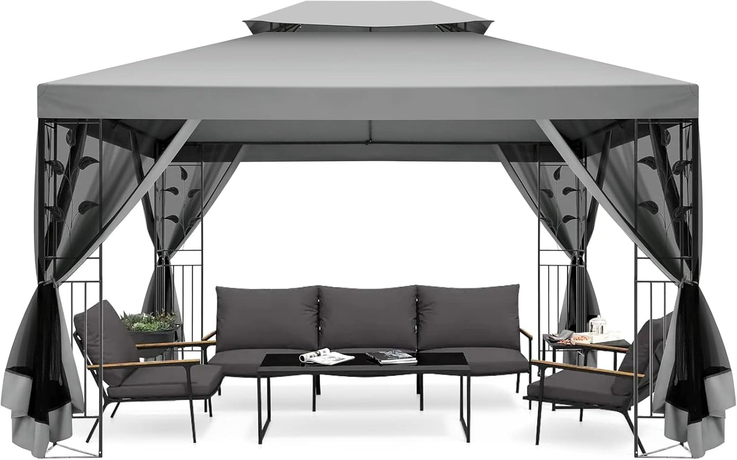 Gazebo 10X13 Heavy Duty Gazebos with Improved Nettings Outdoor Gazebo Double Roof Patio Gazebos with Metal Steel Frame Outdoor Canopy for Patio, Deck, Backyard (Gray)