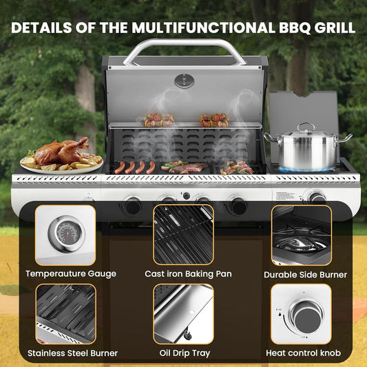 4-Burner Gas Grill with Side Burner,Stainless Steel Propane Grill with Porcelain-Enameled Grills,Built-In Thermometer,42000Btu BBQ Grill for Outdoor Cooking and Patio Barbecues