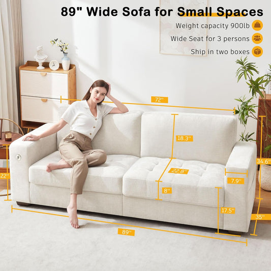 89" Sofa for Living Room, Modern Comfy Sofa with Medium Firm Seat Cushion, Removable Cover,Wide Armrest,Usb/Type-C Port,Chenille Fabric Couches for Small Space,Apartment