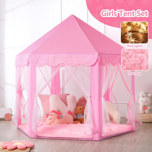 Princess Tent for Girls Indoor: with Rug, Star Lights - Pink Play Tent for Kids, Girls Toys for Indoor and Outdoor Games, Princess Castle Playhouse
