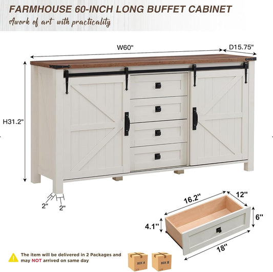 Farmhouse Sideboard Buffet Cabinet with Storage, 60" Large Kitchen Cabinet W/Sliding Barn Doors and 4 Drawers, 31.2'' Tall Wood Coffee Bar Table for Dining Room, Antique White