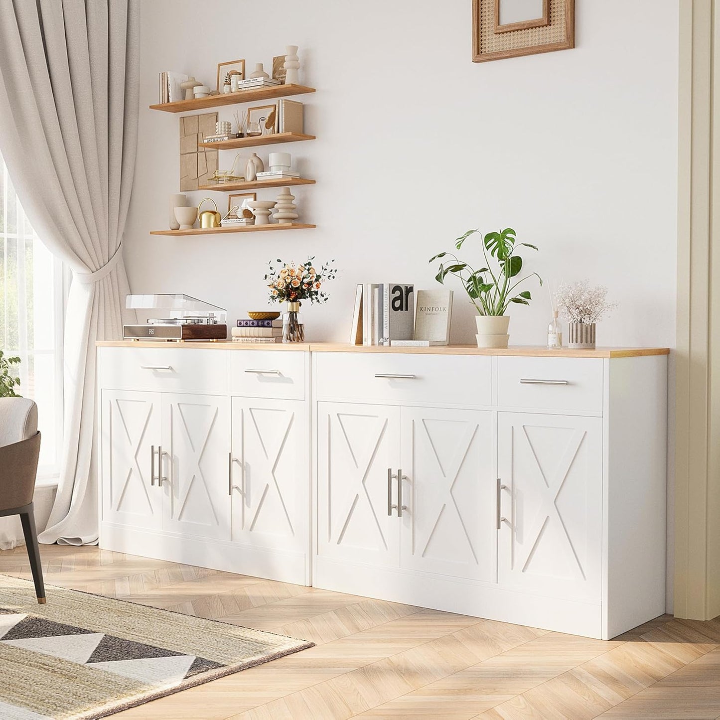 Modern Farmhouse Sideboard Buffet Cabinet with Storage with 3 Doors,42" Barn Doors Buffet Cabinet with Storage, Wood Coffee Bar Cabinets with Adjustable Shelf for Kitchen Living Room,White