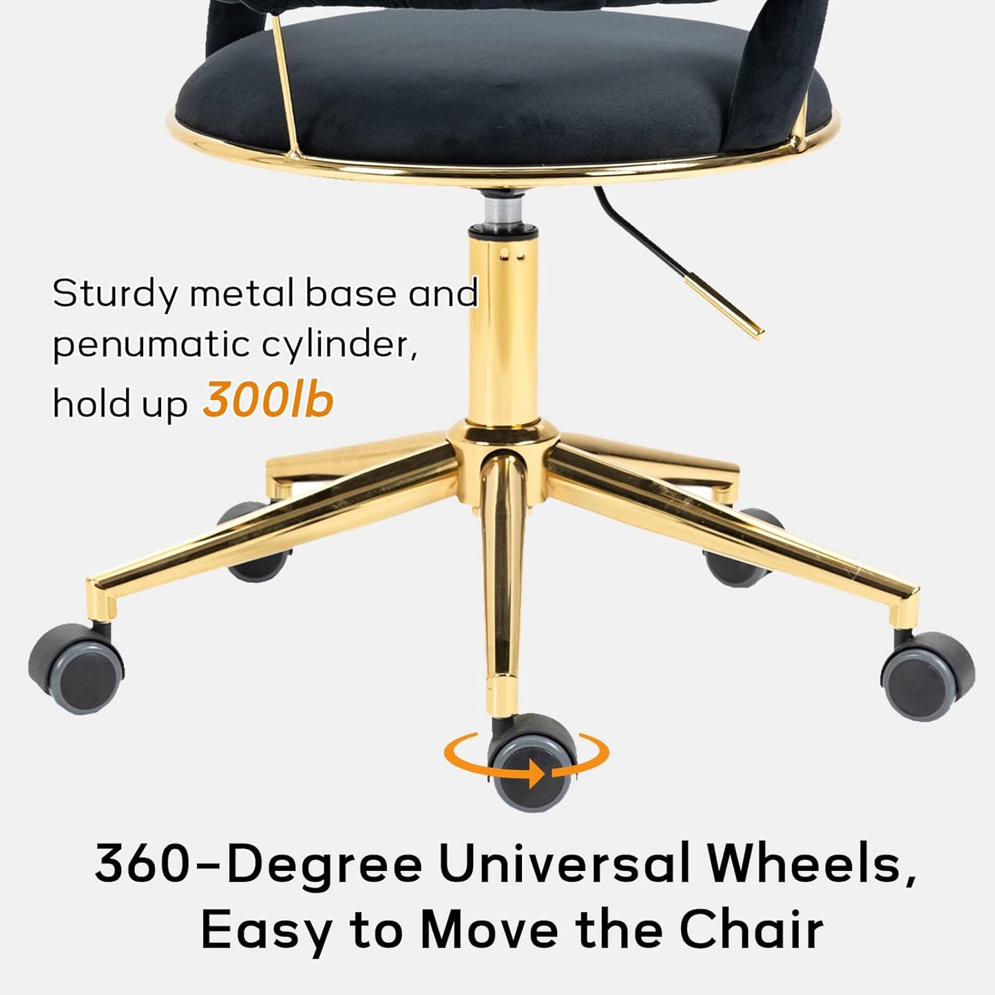 Velvet Office Desk Chair with Hand Woven Backrest, 360° Swivel & Height Adjustable Task Chairs, Makeup Chair, Living Room Chairs with Stainless Base and 5 Wheels (Black)