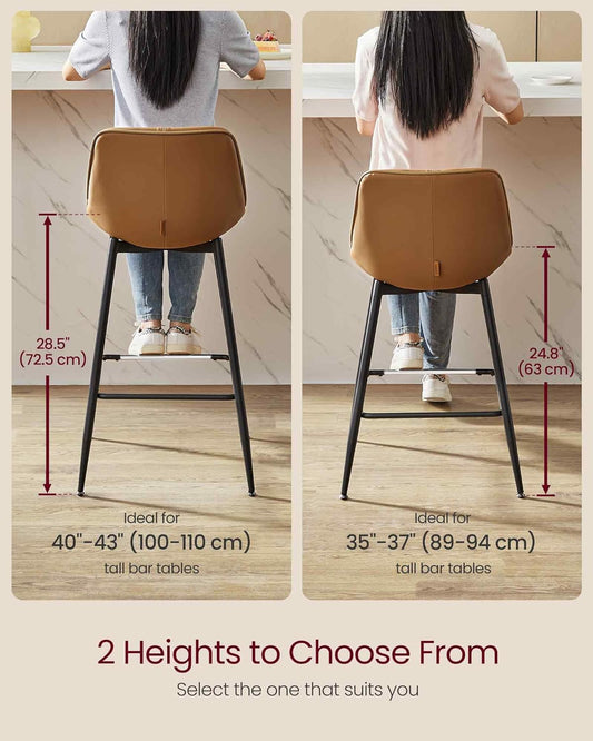 Bar Stools Set of 2, Counter Height Bar Stools with Back, Ergonomic Backrest, Synthetic Leather, Metal Legs, 24.8-Inch Tall Barstools for Kitchen Island Home Bar, Easy Assembly, Caramel Brown