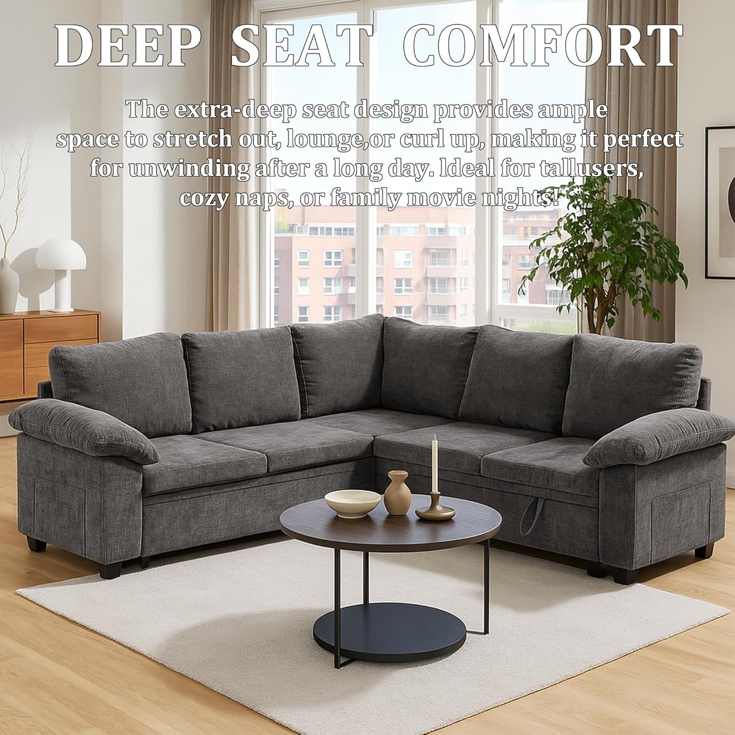 108 Inch Sectional Sleeper L Shaped Sofa with Pull Out Bed, 5 Seat Modular Sectional Sofa with Storage, Modern Chenille Cloud Couch, Sectional Couches for Living Room, Gray