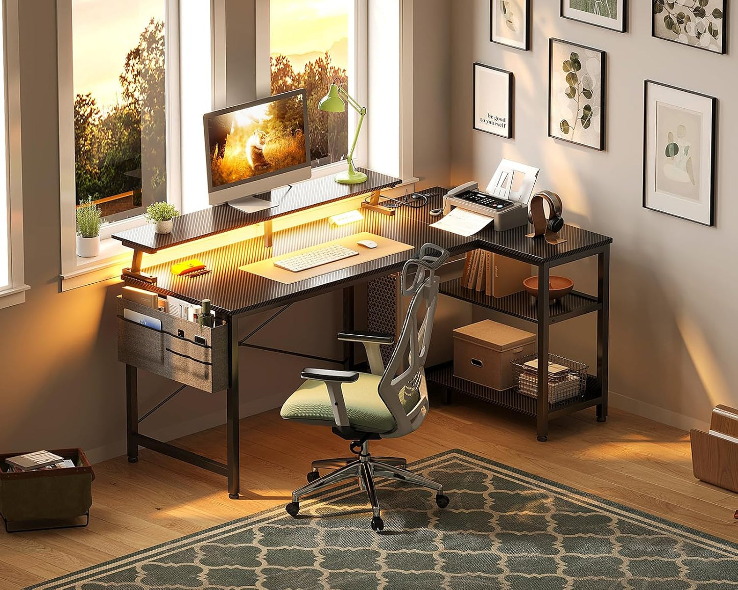 48 Inch Gaming Desk with USB Charging Ports and LED Lights, Reversible L Shaped Computer Desk with Storage Shelves & Monitor Stand, Corner Gamer Desk Table with Power Outlets, Black