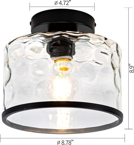 Glass Ceiling Light, Black Semi Flush Mount with Hammered Glass Shade, Farmhouse Light Fixture for Hallway, Bathroom, Entryway, Kitchen,Living Room