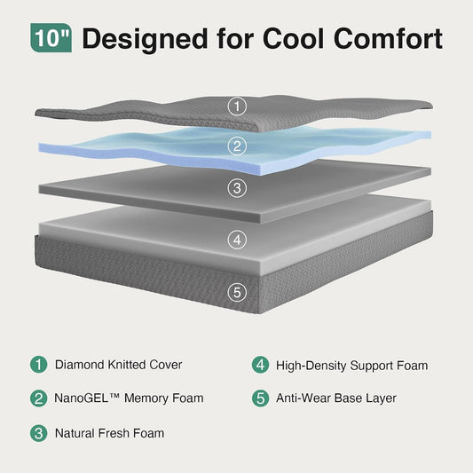 Queen Size Mattress, 10 Inch Gel Memory Foam Mattress Queen Size with Thermally Balanced Foam Core, Foam Mattresses for Cool Night Sleep & Pressure Relief, Enhanced Support & Breathability