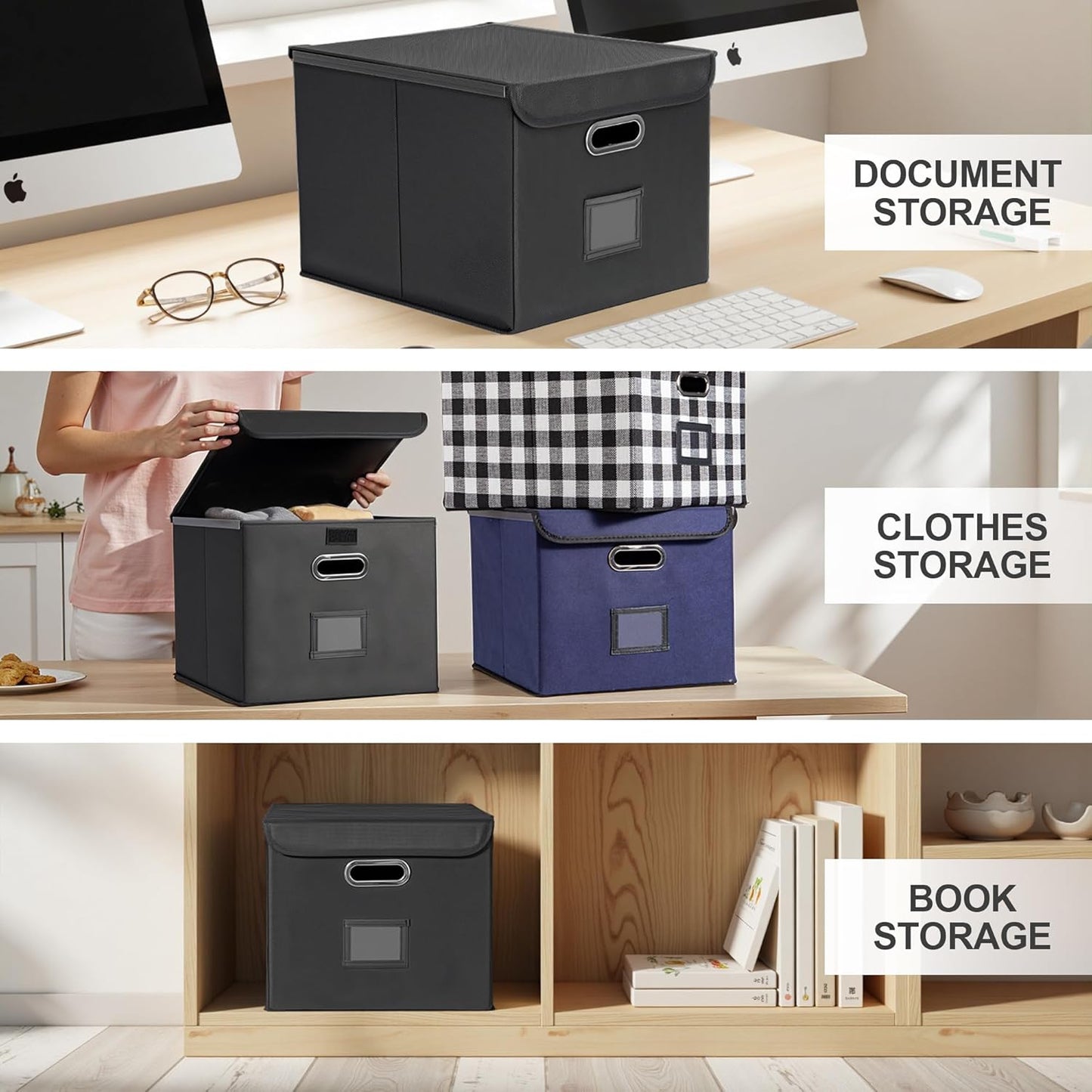 Collapsible File Box with Lid & Plastic Slide - Hanging Document Organizer for Office/Home, 14.96X12.6X10.83 Inch,Decorative Home File Bin,Black, 1 Pack (No Folders Included)