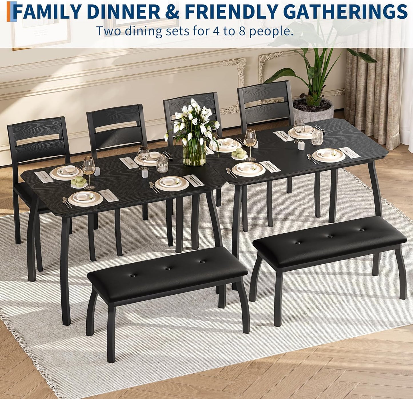 43'' Dining Table Set for 4, Wooden Kitchen Table with Upholstered Bench & 2 Cushion Chairs, Industrial Dinette Set for Studio, Kitchen, Dining Room, Apartment, Black