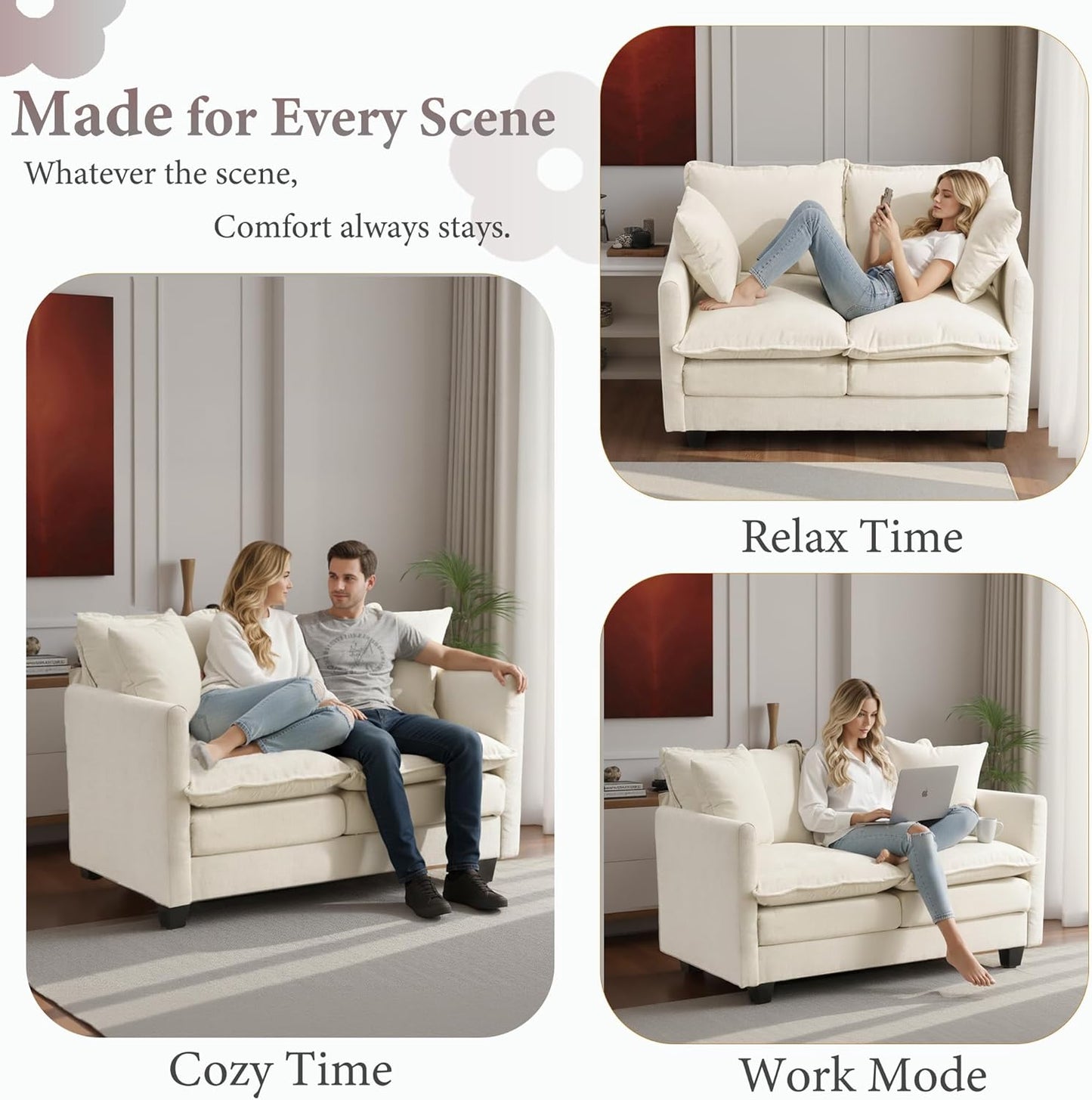 50 Inch Loveseat Sofa | Comfy Small Couch for Bedroom, Living Room, Office | Mini 2 Seater Sofa in a Box | Deep Seat with Double Layer Upholstered Cushion, Removable Cover, Chenille Fabric | Beige