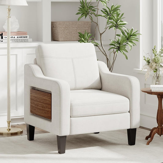 Accent Chair for Living Room Modern Linen Upholstered Armchair Side Wooden Fabric Sofa Chair with Foldable Table 2 Side Pockets Comfy Reading Chair for Bedroom