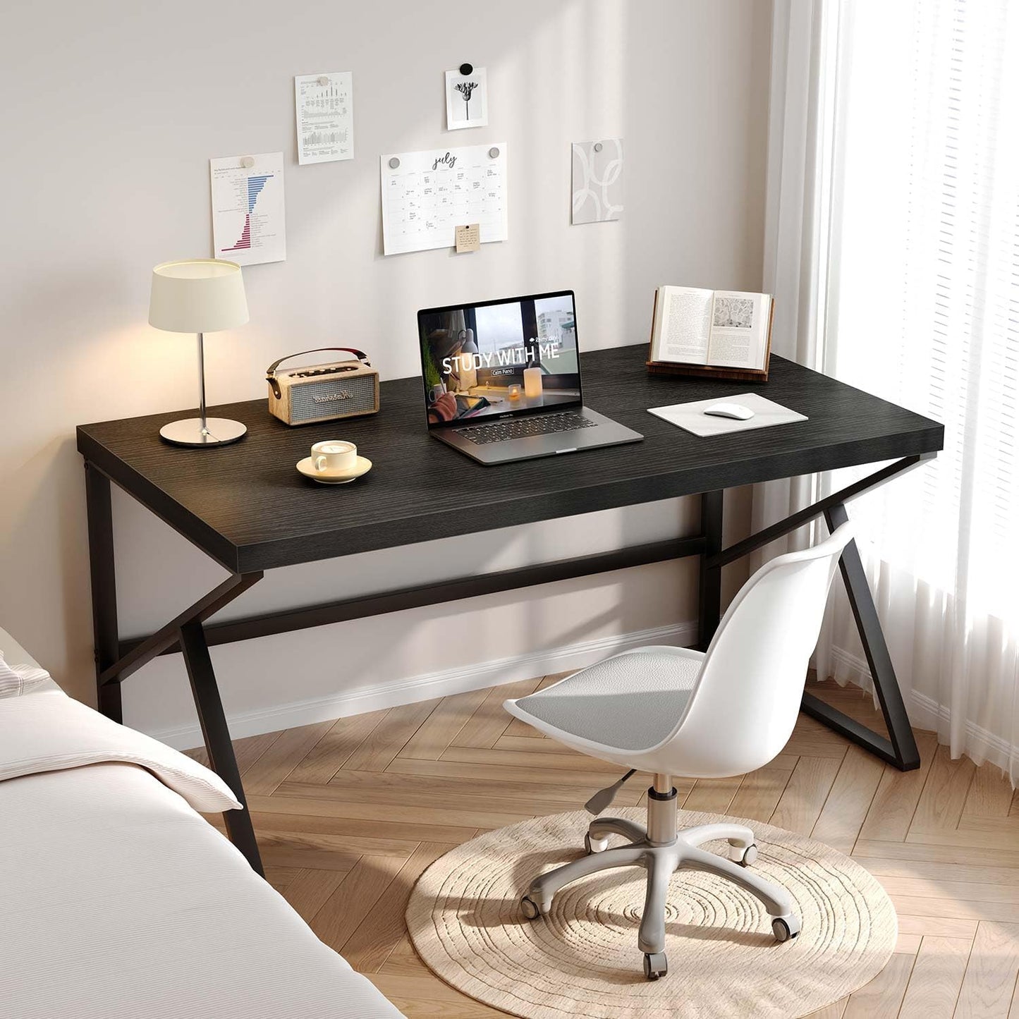 Black Desk, Modern Industrial Home Office Computer Desk, Laptop PC Desk for Student Work Writing Study Gaming, Simple Metal and Wooden Computer Table in Bedroom Living Room Workstation, 55 Inch