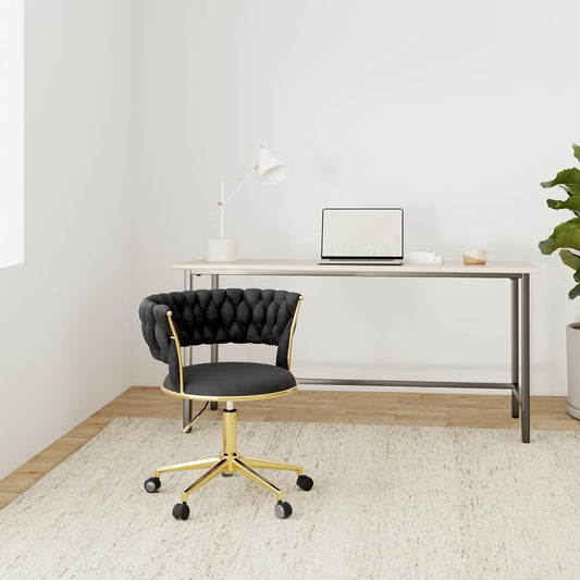 Velvet Office Desk Chair with Hand Woven Backrest, 360° Swivel & Height Adjustable Task Chairs, Makeup Chair, Living Room Chairs with Stainless Base and 5 Wheels (Black)