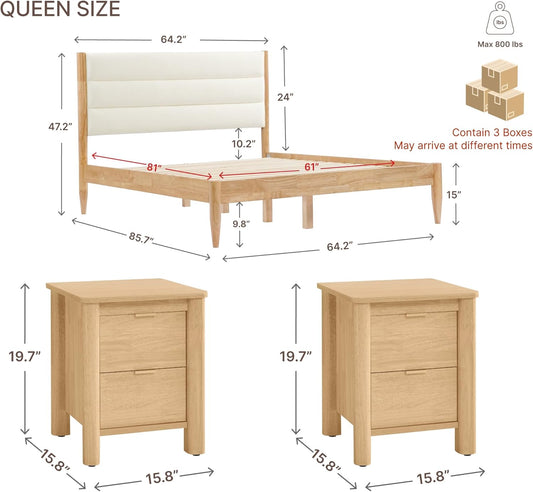 3 Pieces Bedroom Set, Wood Bed Frame with Upholstered Headboard & 2 Nightstands with Storage, Wooden Platform Mattress Foundation Farmhouse Bedroom Furniture Set
