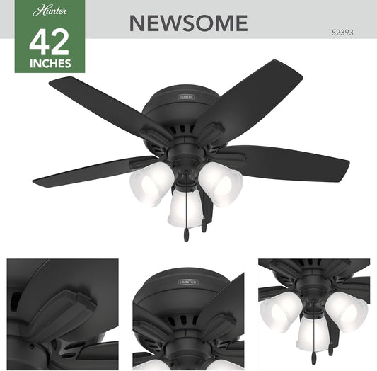 42 Inch Indoor Ceiling Fan with LED Lights - Black Ceiling Fan with Pull Chain, for Bedroom or Living Room, Low Profile Mount, No Remote, 5 Blades, Includes Bulbs - Newsome 52393, Matte Black