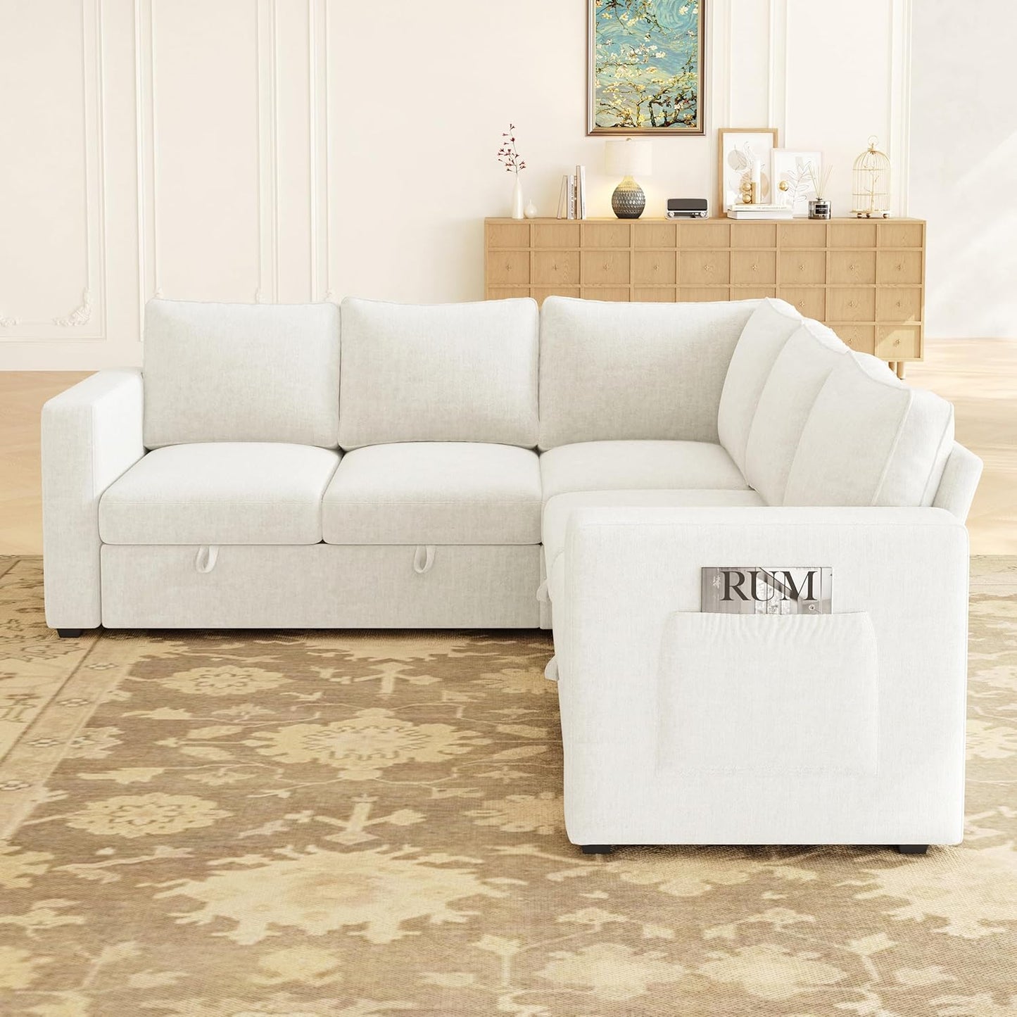 83.5" Sectional Sleeper Sofa with Pull Out Couch, Modern 5 Seat L Shaped Modular Couch, Sectionals Modular Sofa with Storage, Comfy Sectional Couches for Living Room & Apartment, Light Beige