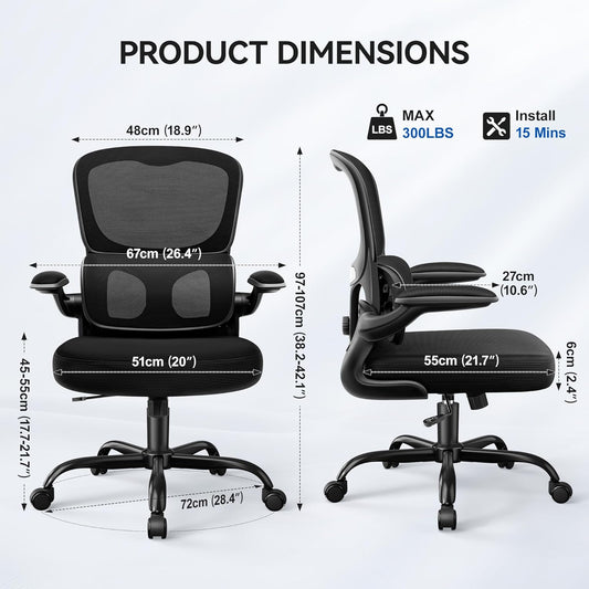 Ergonomic Office Chair, Breathable Mesh Ergonomic Desk Chair with Adjustable Lumbar Support, Flip-Up Armrests, Computer Chairs Comfortable for Home, Office, Work, 300Lbs, Black